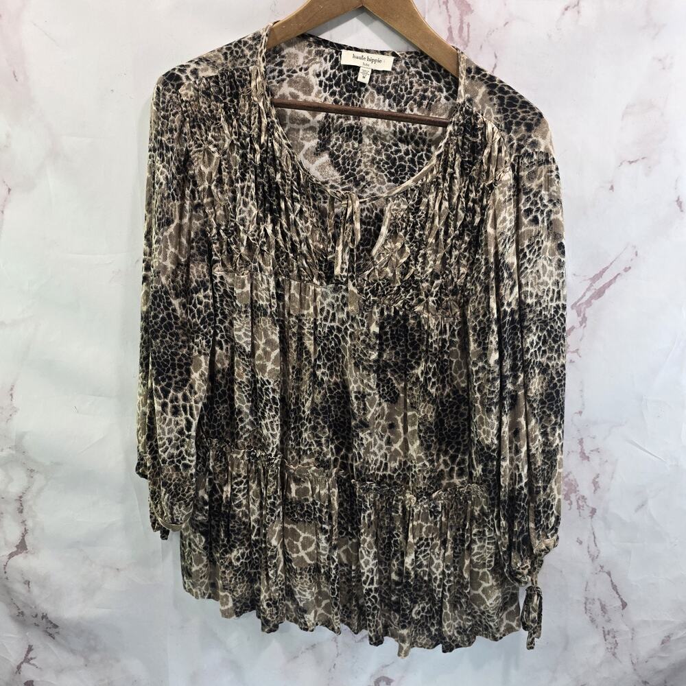 Haute Hippie Shirt Womens Medium Brown Animal Leopard Cheetah Ruffle